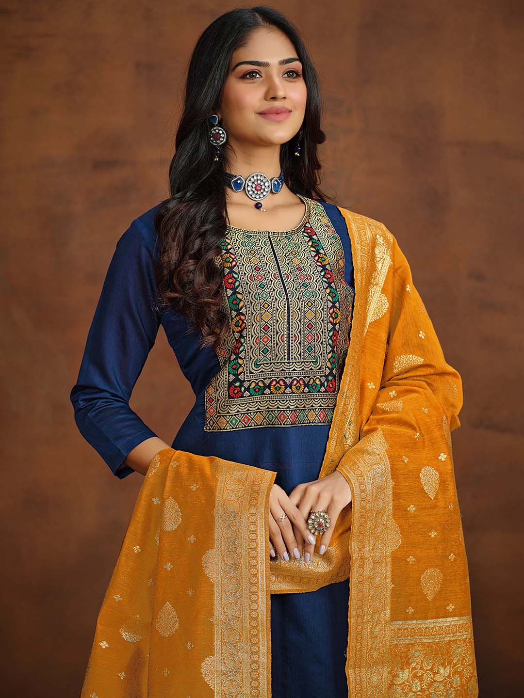 

Sangria Blue Ethnic Motifs Embroidered Straight Kurta With Trouser & Dupatta