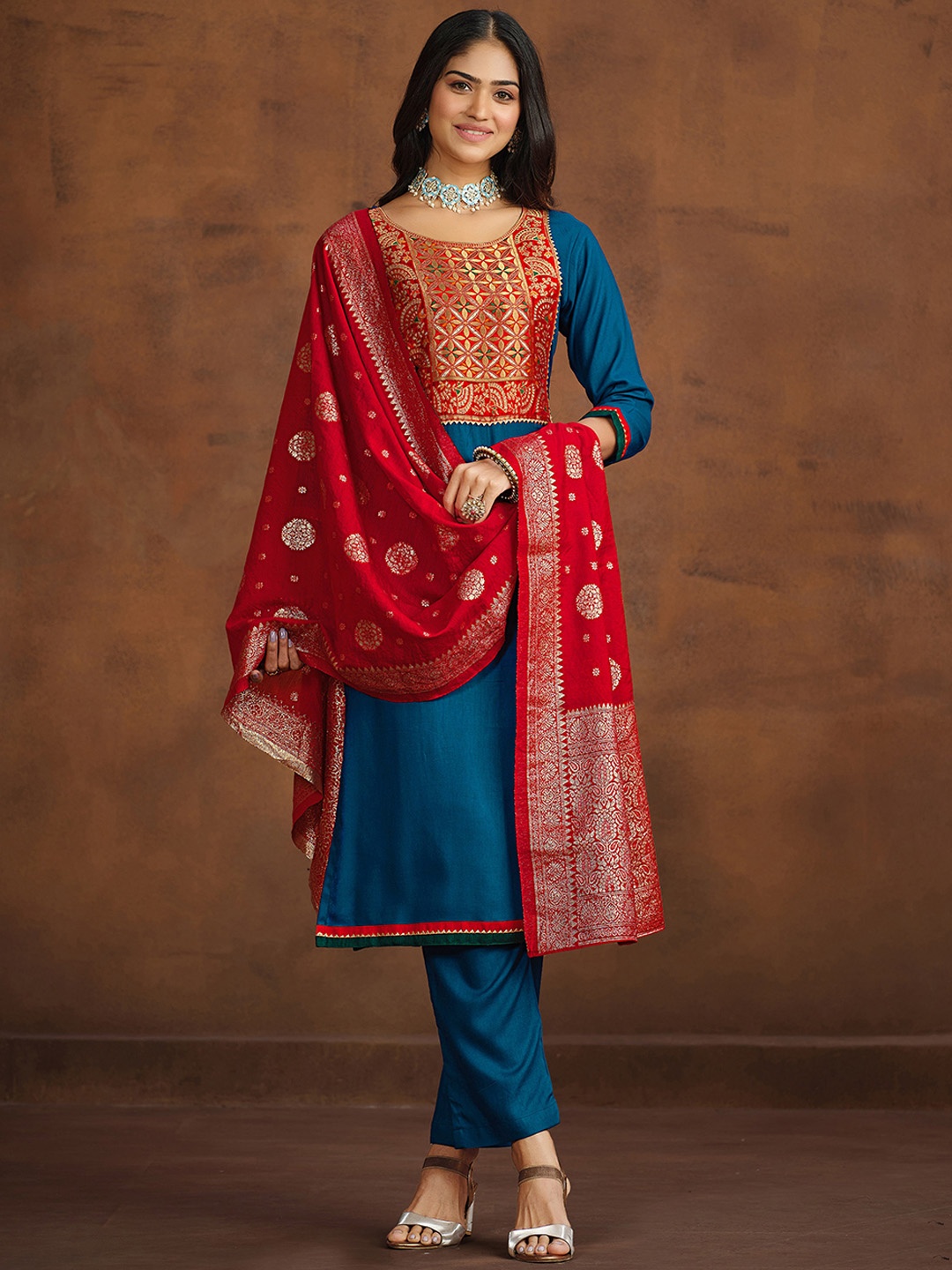 

Sangria Blue Floral Embroidered Gotta Patti Straight Kurta With Trouser & Dupatta