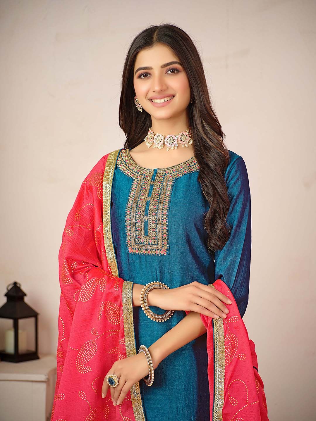 

Sangria Blue Embroidered Straight Kurta With Trouser & Dupatta