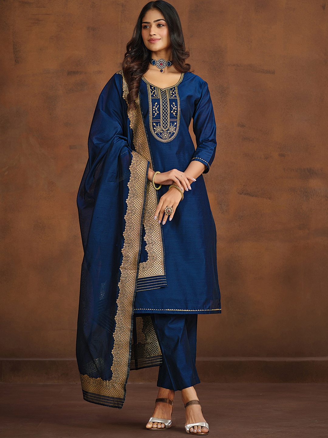 

Sangria Blue Ethnic Motifs Embroidered Gotta Patti Straight Kurta & Trouser With Dupatta