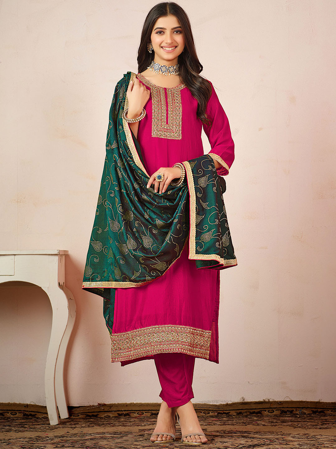 

Sangria Pink Ethnic Motifs Embroidered Straight Kurta & Trouser & Dupatta