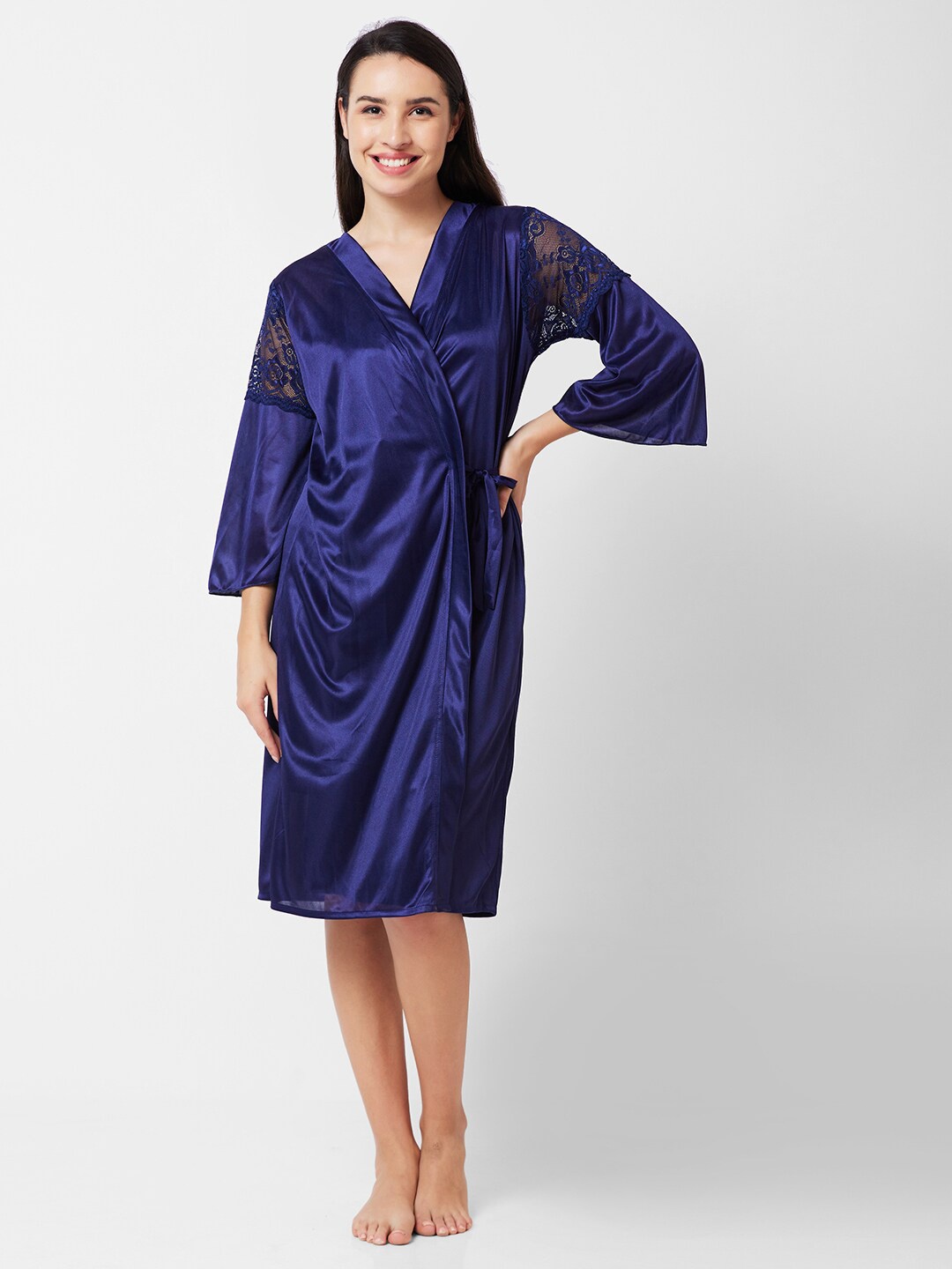 

NOIRA Lace Self Design Shoulder Straps Satin Nightdress, Navy blue