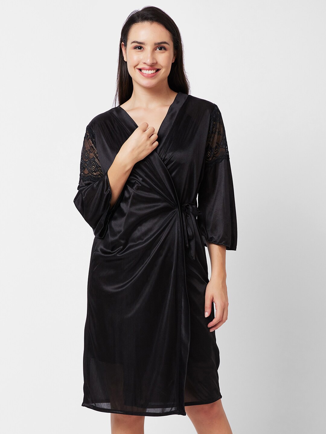 

NOIRA Self Design Nightdress With Robe, Black