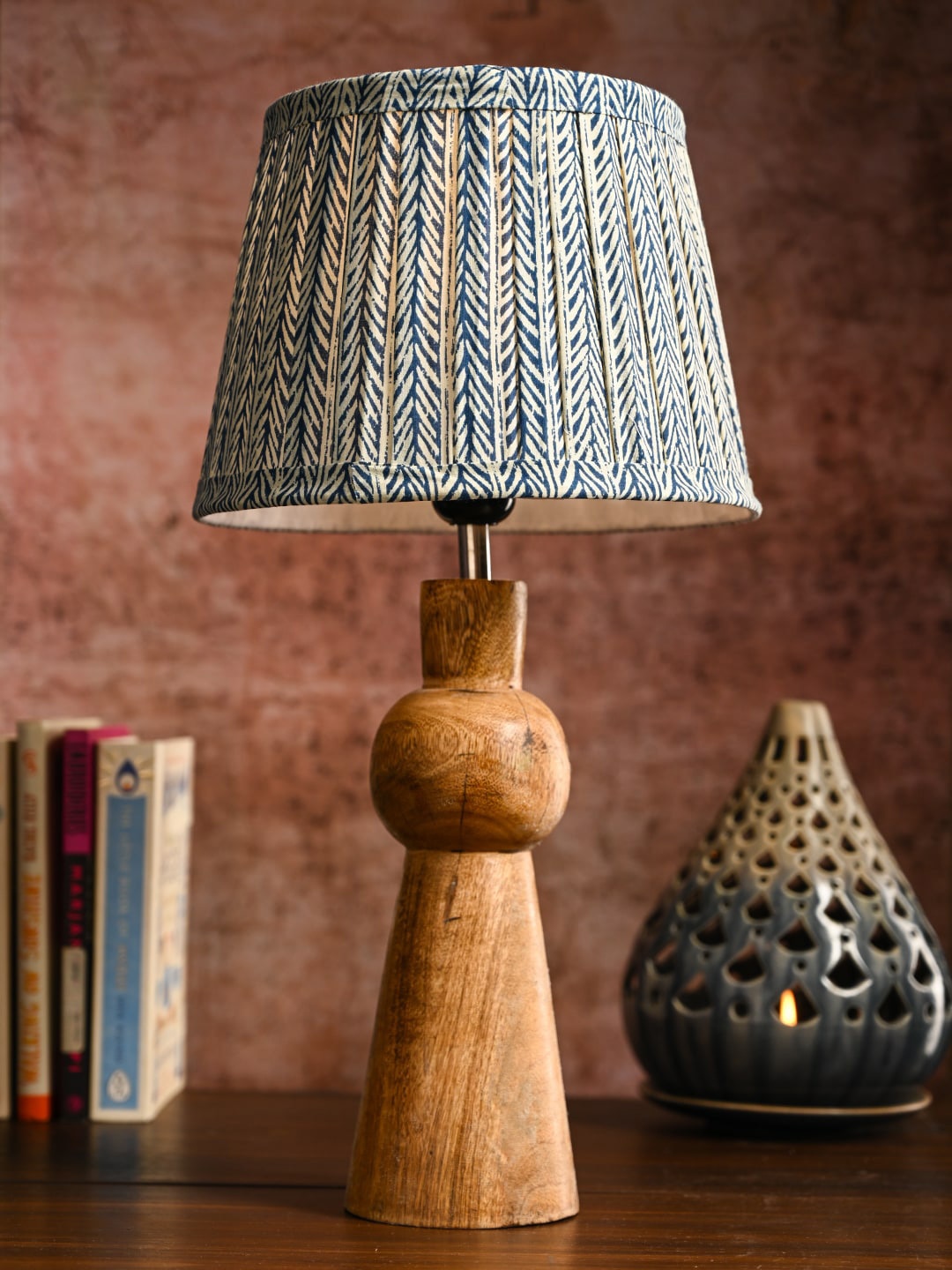 

green girgit Grey & Brown Wooden Skirt Table Lamp With Pleated Taper Shade
