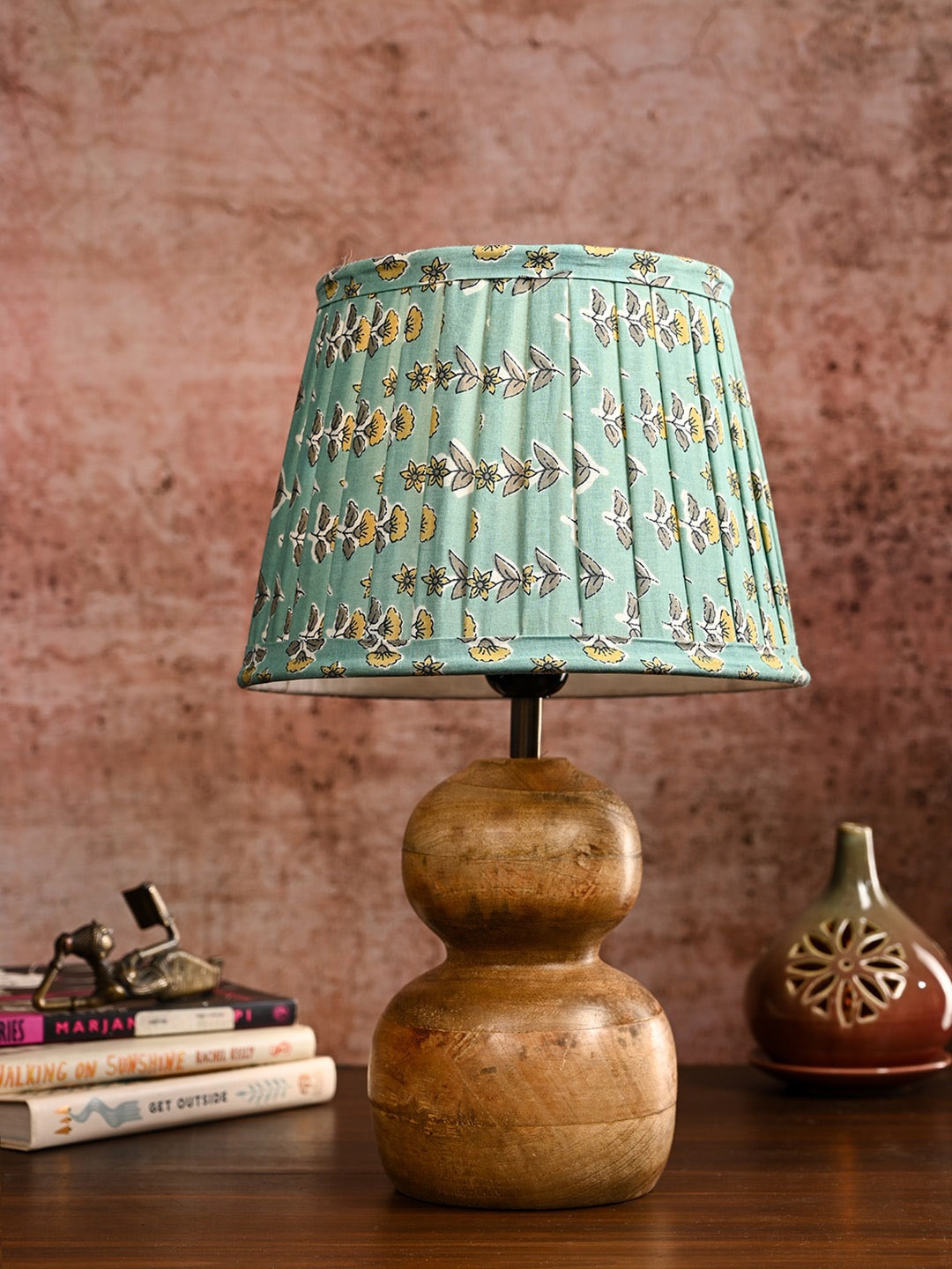 

green girgit Turquoise & Brown Wooden Dome Table Lamp With Pleated Taper Shade, Turquoise blue