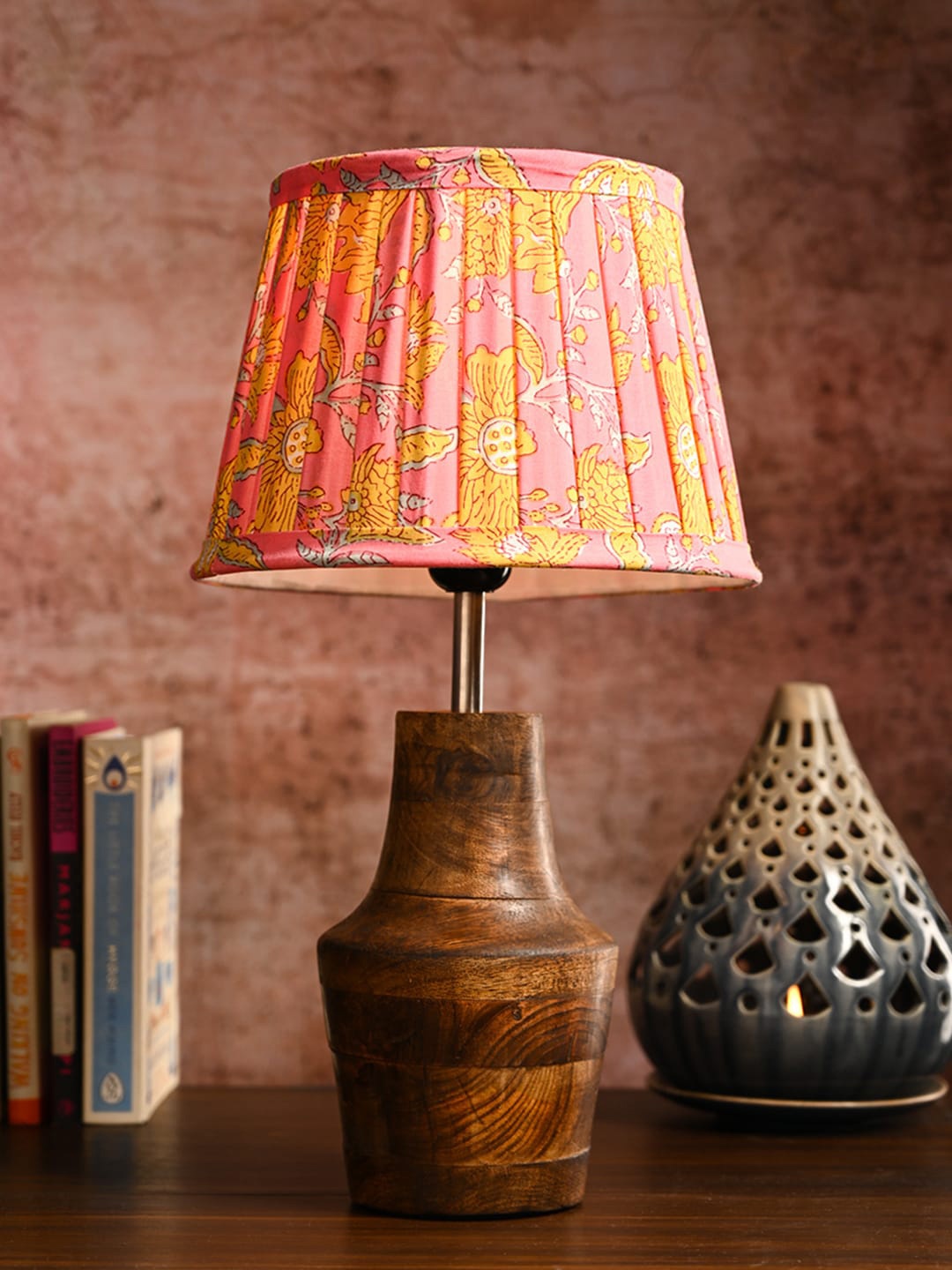 

green girgit Pink & Brown Wooden Frkin Table Lamp With Pleated Printed Taper Shade