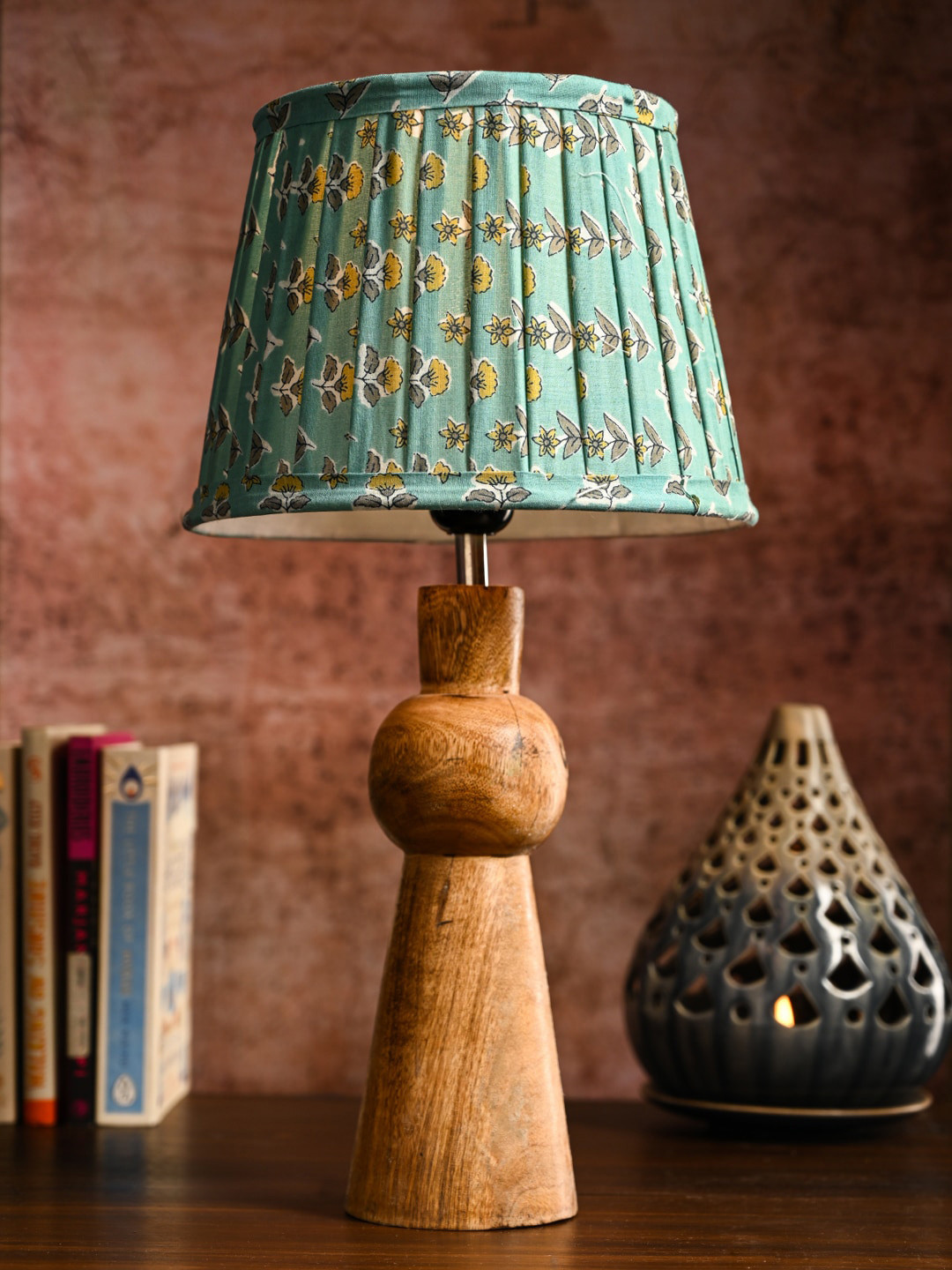 

green girgit Turquoise Blue Wooden Skirt Table Lamp With Pleated Printed Taper Shade