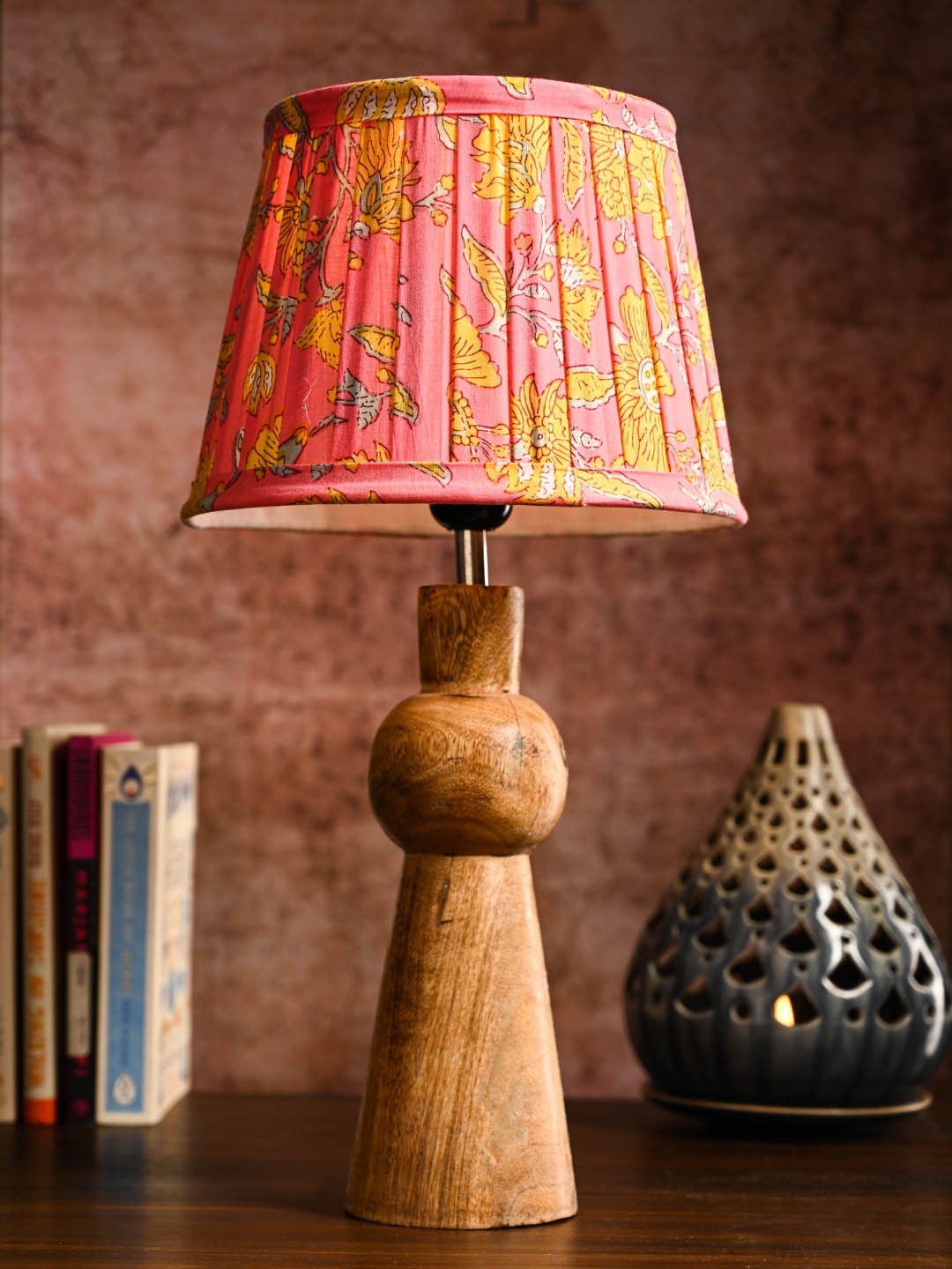 

green girgit Pink & Brown Wooden Skirt Table Lamp With Pleated Printed Taper Shade