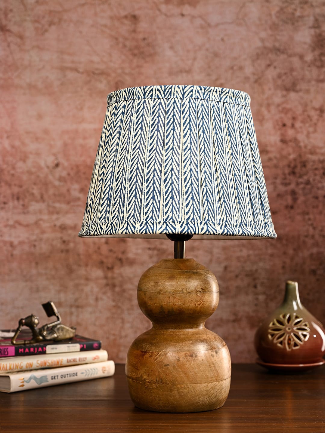 

green girgit Grey & Brown Wooden Dome Table Lamp With Pleated Printed Taper Shade