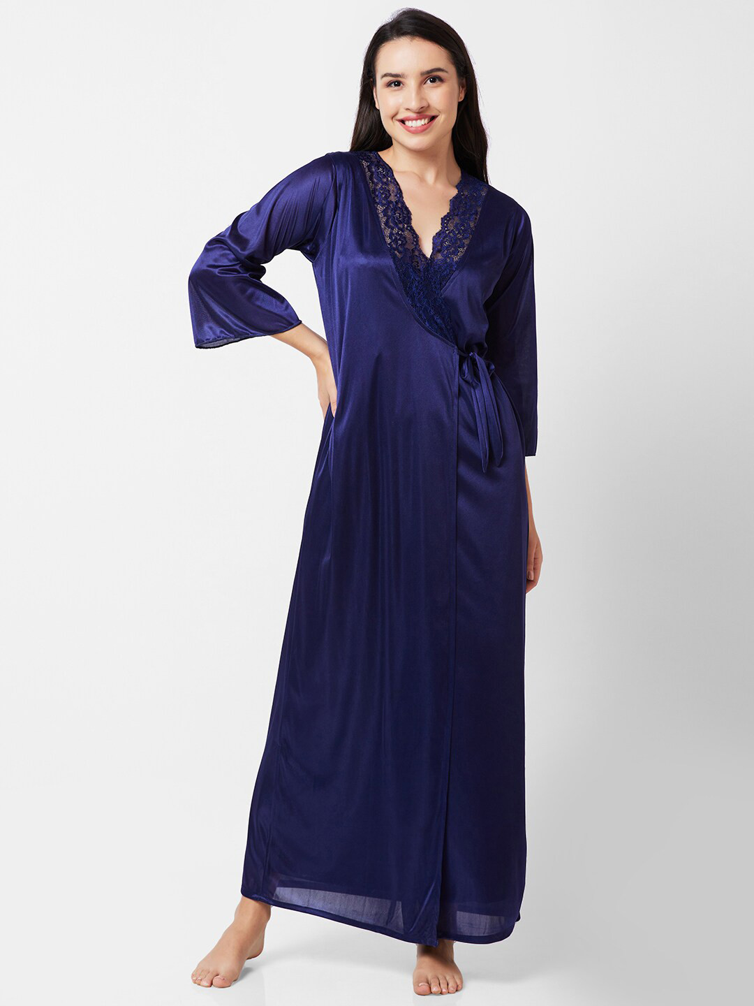 

NOIRA Shoulder Straps Satin Maxi Nightdress With Robe, Navy blue