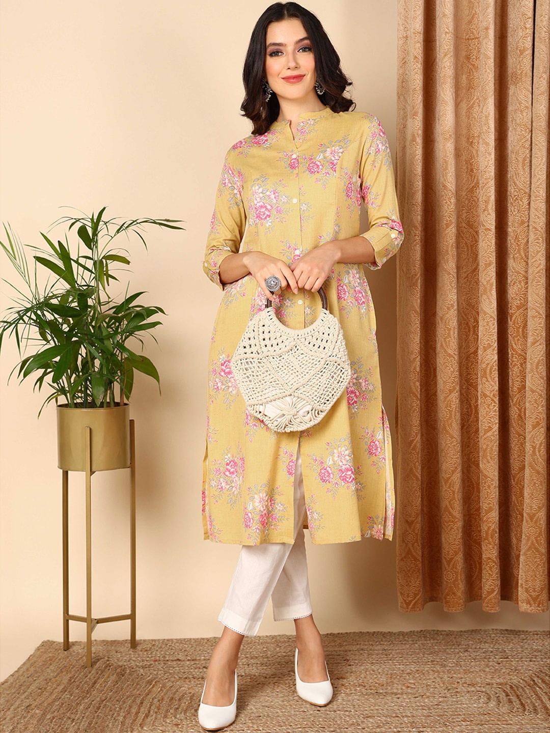 AHIKA Yellow Floral Printed Mandarin Collar Cotton Straight Kurta
