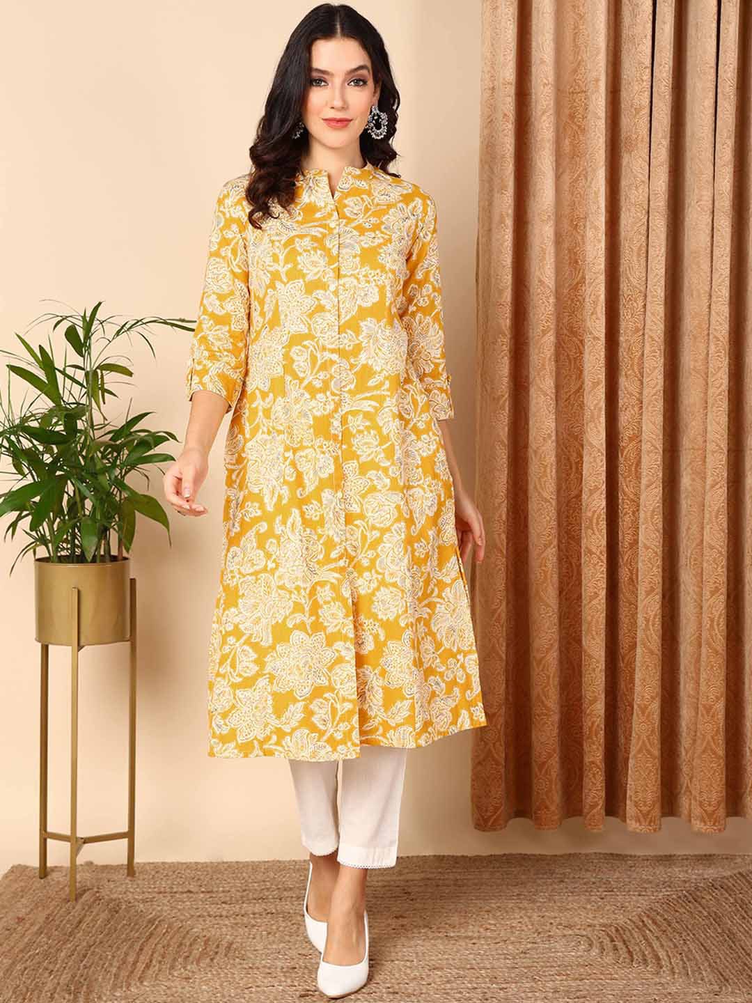 

AHIKA Floral Printed Mandarin Collar Straight Kurta, Yellow