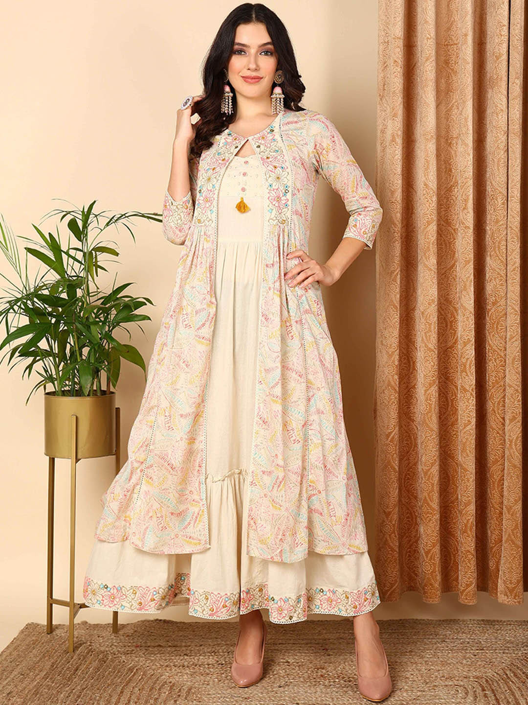 

AHIKA Ethnic Motifs Printed Sequinned Cotton Ethnic Dress, Beige