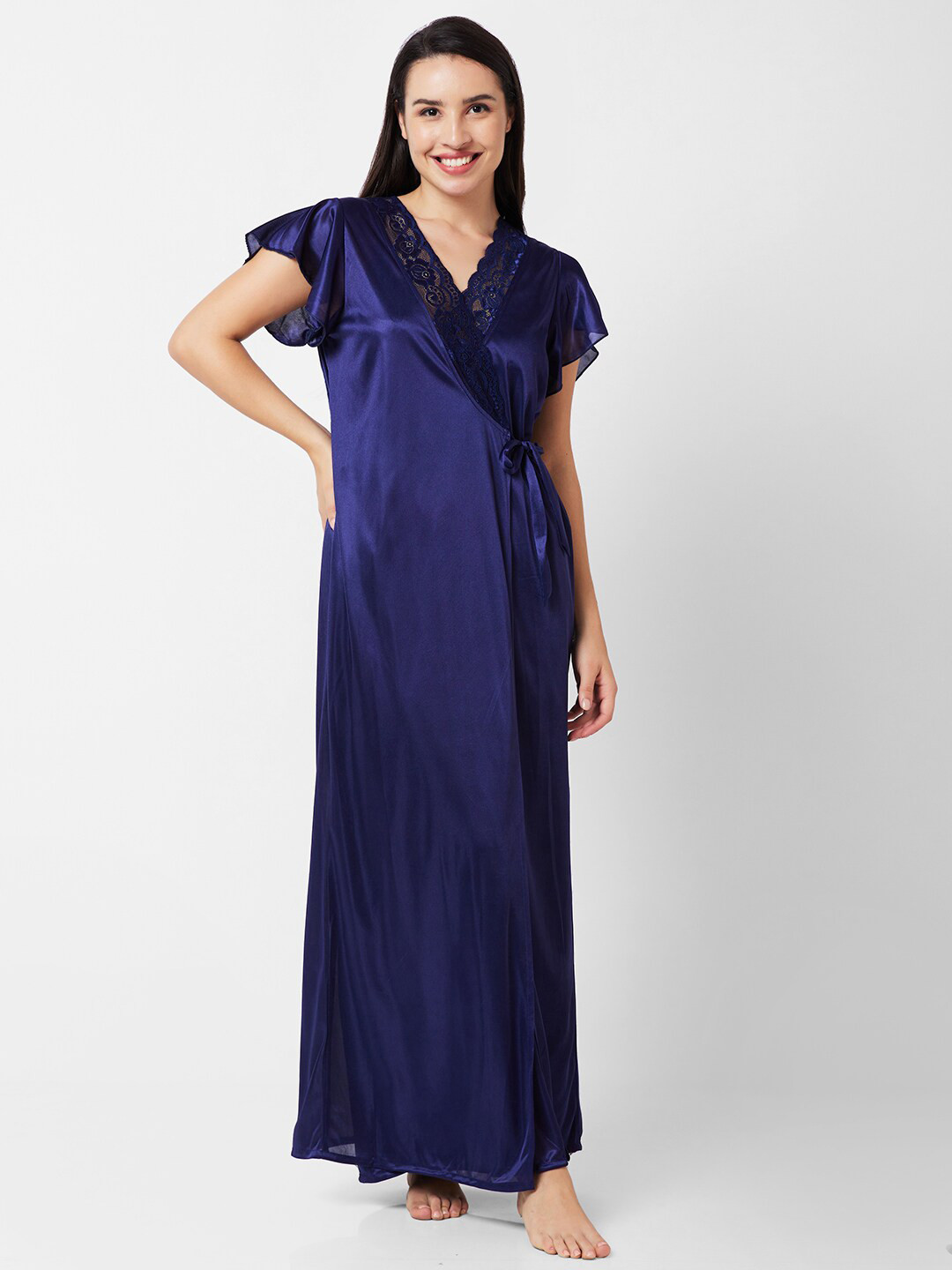 

NOIRA Satin Maxi Nightdress With Robe, Navy blue