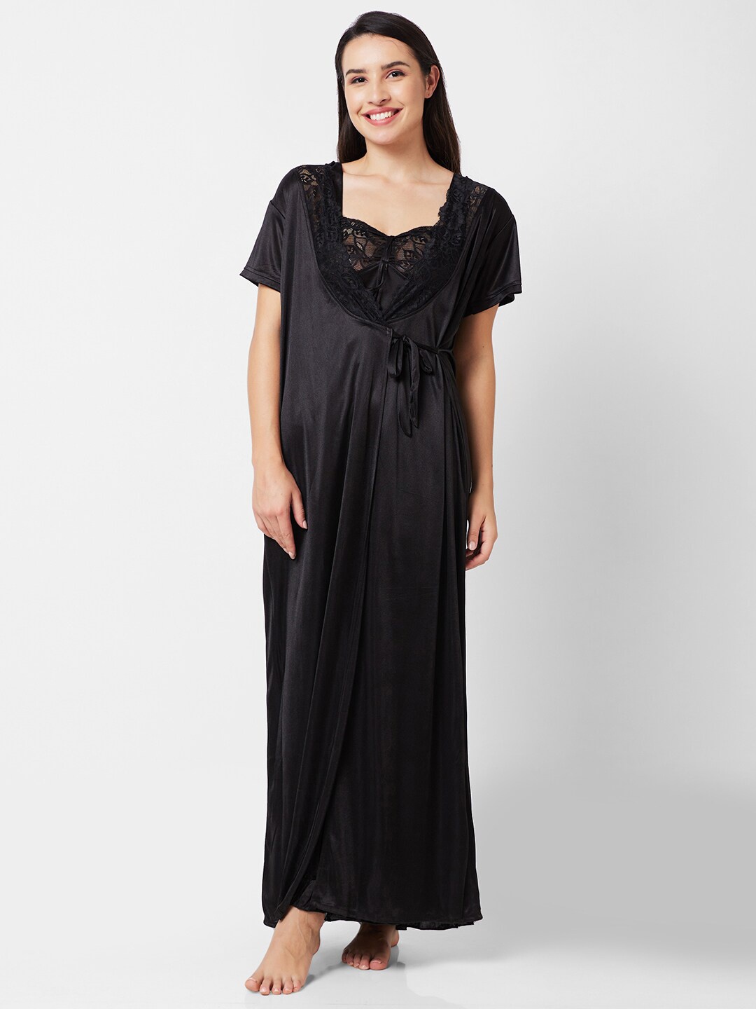 

NOIRA Satin Maxi Nightdress With Robe, Black