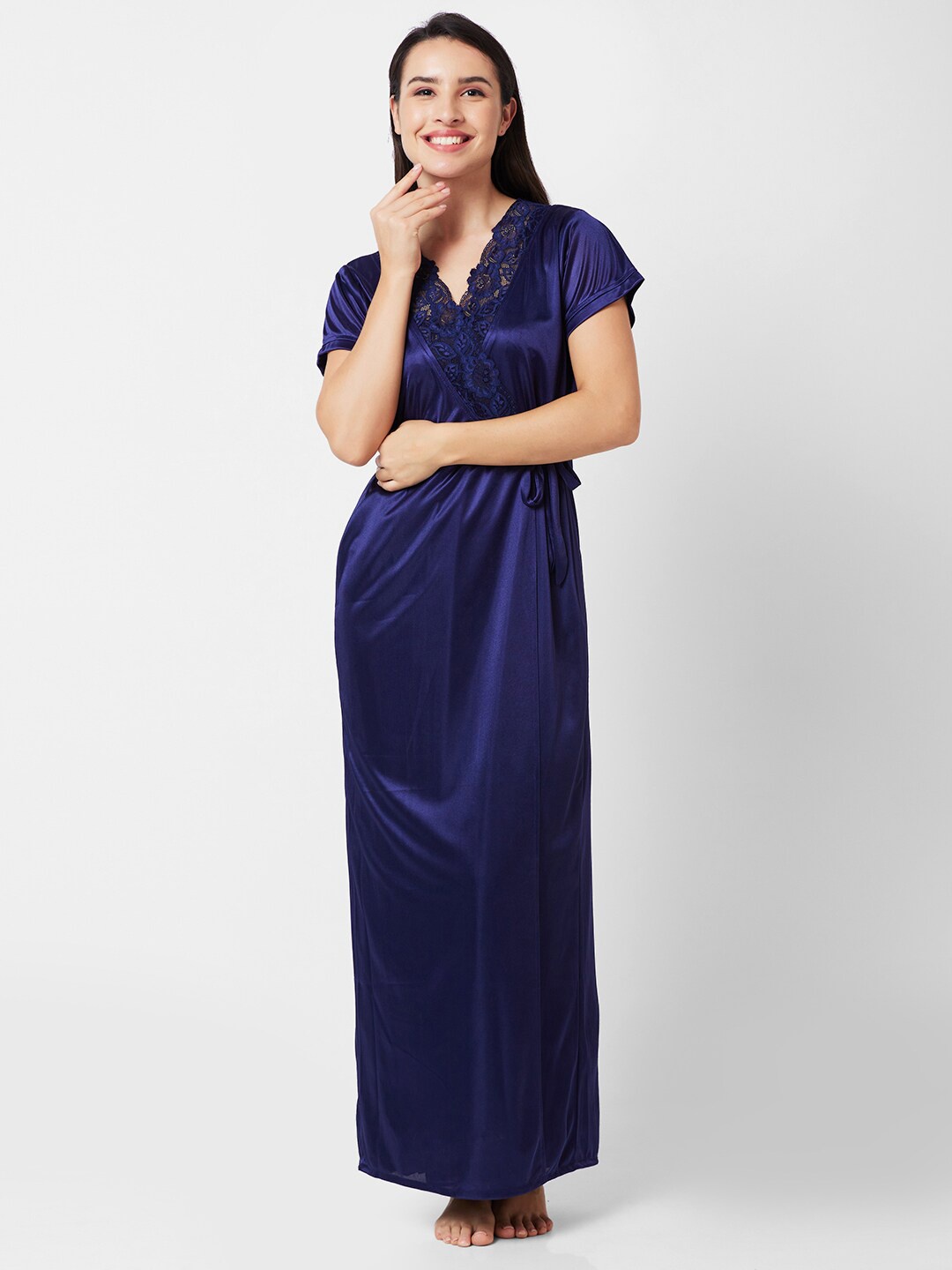 

NOIRA Satin Maxi Nightdress With Robe, Navy blue