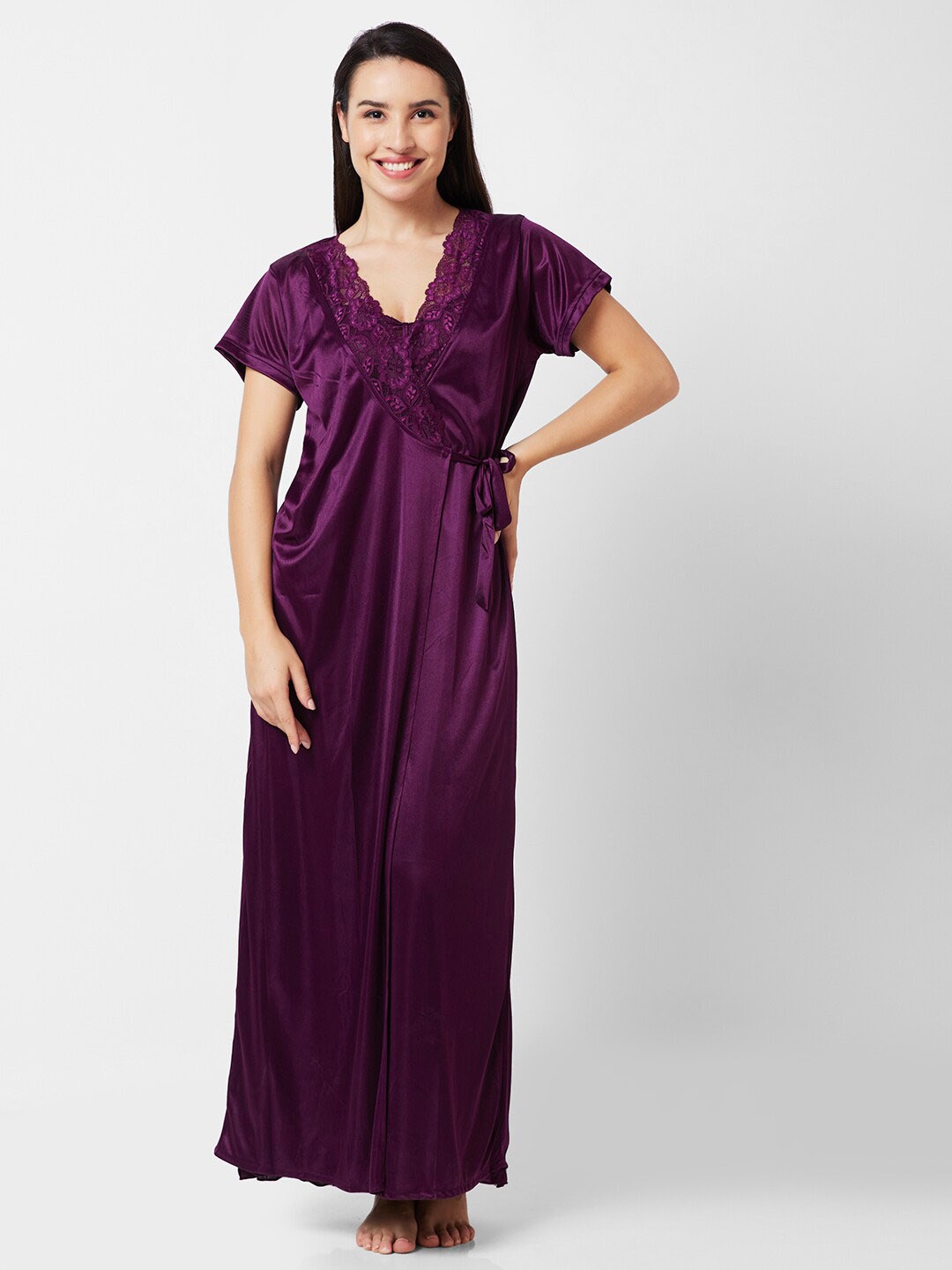 

NOIRA Satin Maxi Nightdress With Robe, Purple