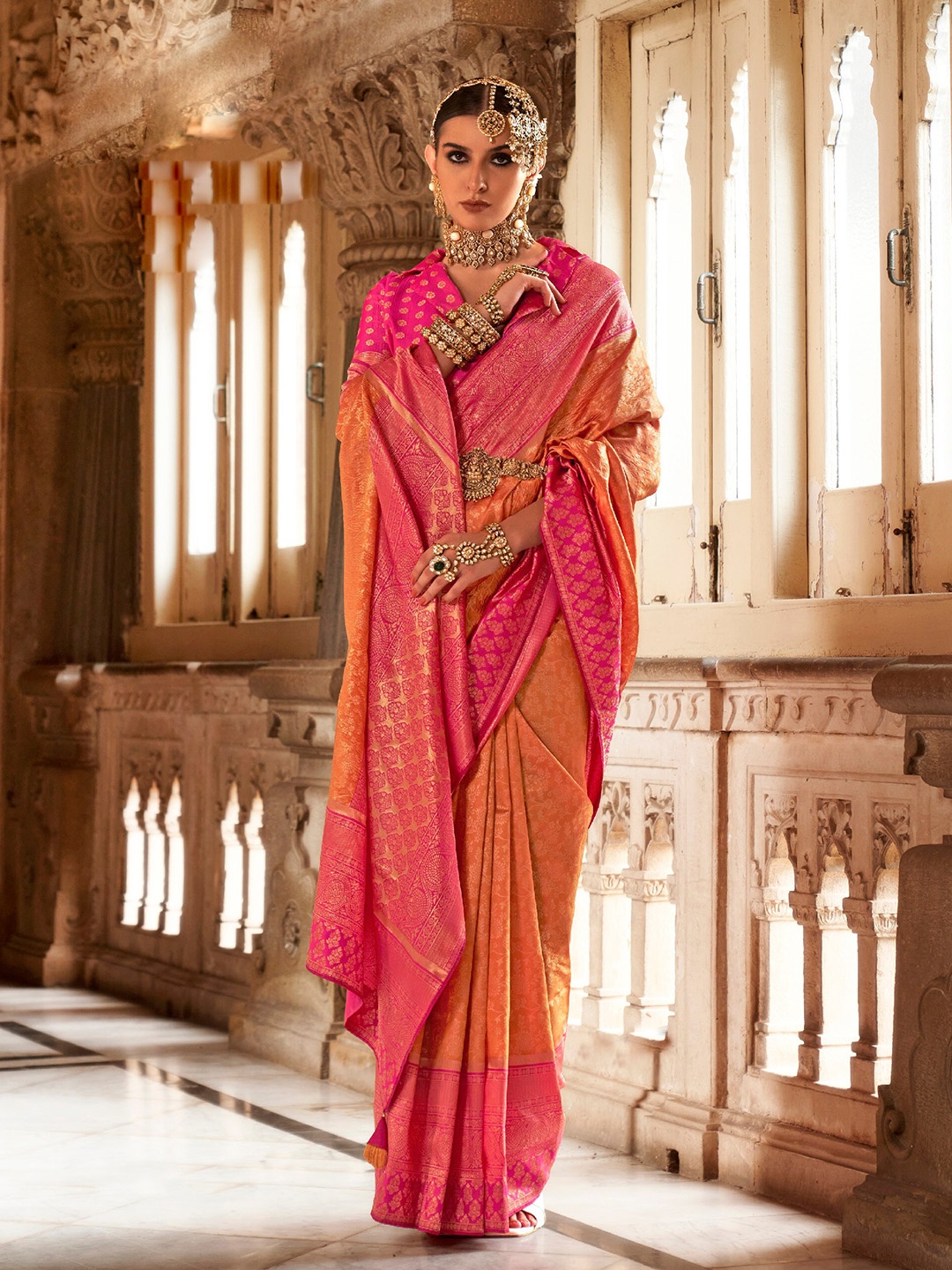 

Mitera Orange & Pink Floral Woven Design Zari Banarasi Saree