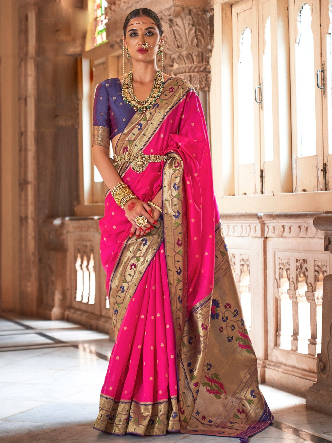 

Mitera Pink & Violet Floral Woven Design Zari Paithani Saree