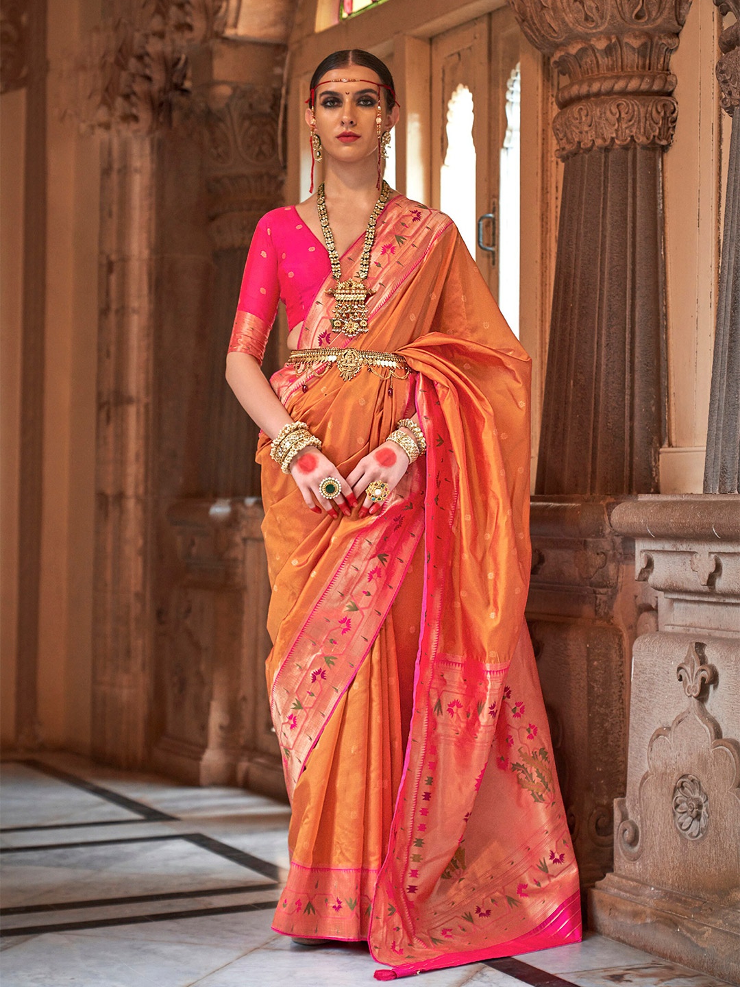 

Mitera Orange & Pink Ethnic Motifs Woven Design Zari Paithani Saree