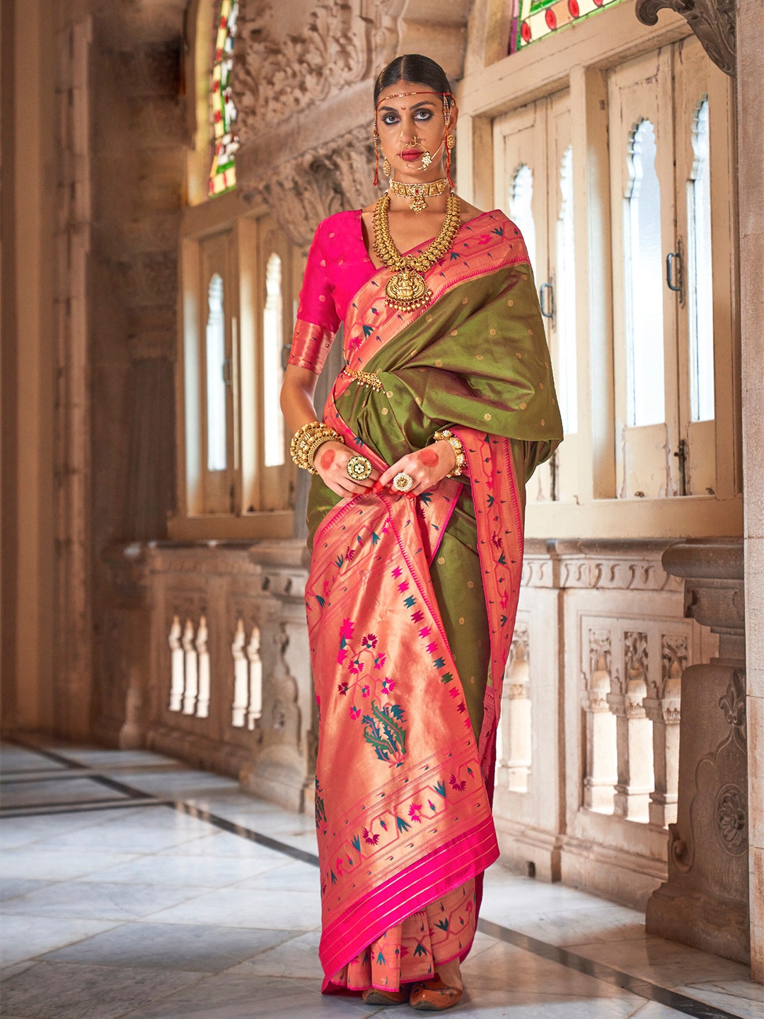 

Mitera Olive Green & Pink Ethnic Motifs Woven Design Zari Paithani Saree