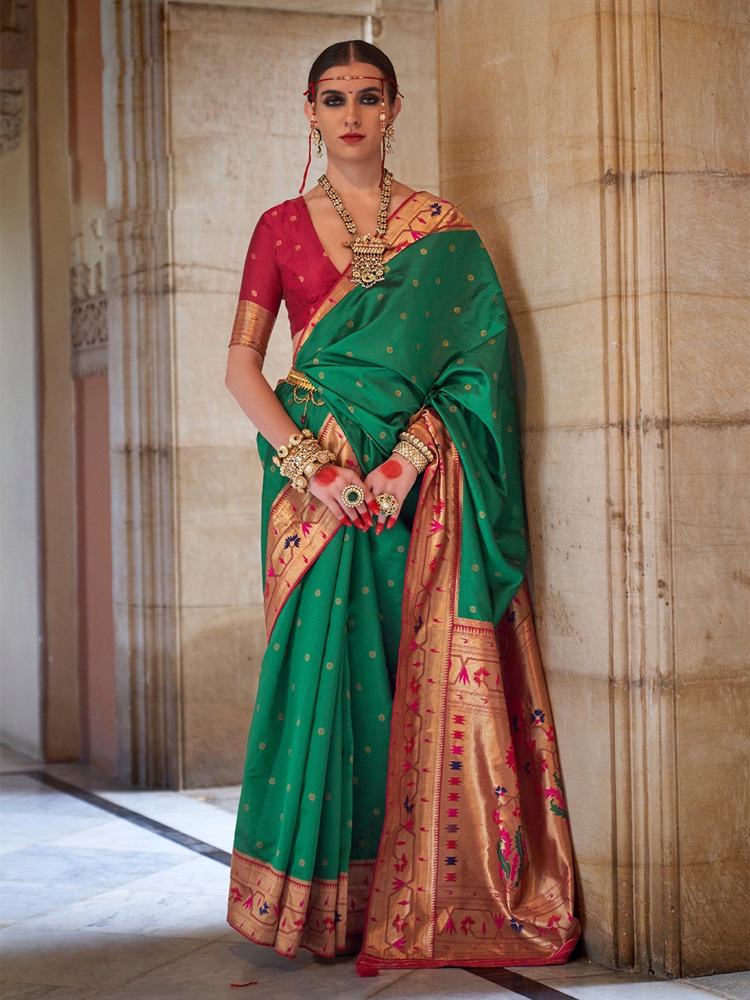 

Mitera Green & Red Ethnic Motifs Woven Design Zari Paithani Saree