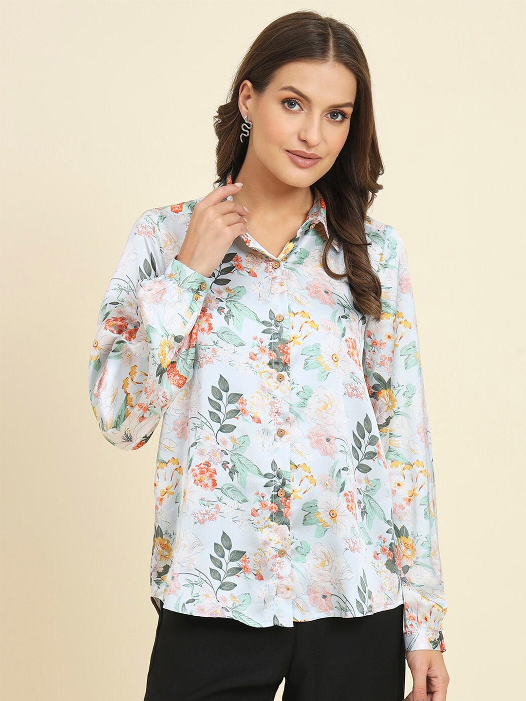 

HERE&NOW Floral Printed Satin Casual Shirt, White