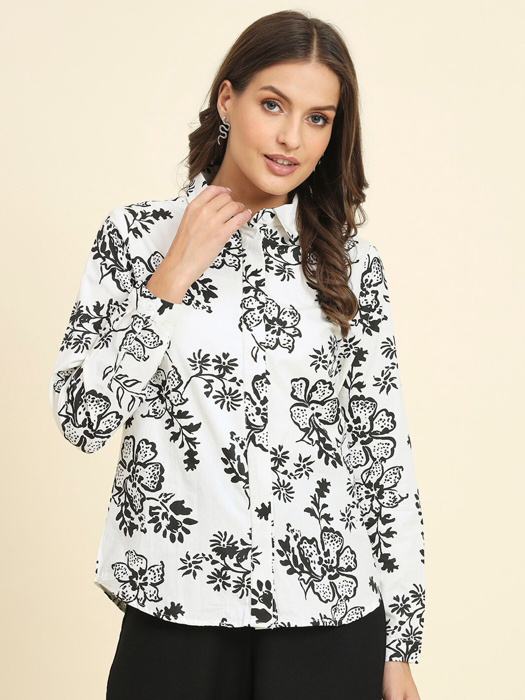 

HERE&NOW Floral Printed Cotton Casual Shirt, White