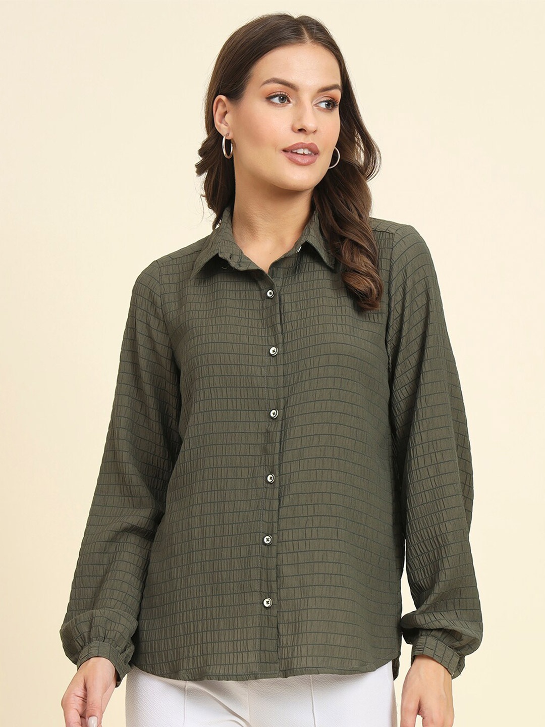 

HERE&NOW Horizontal Stripes Opaque Casual Shirt, Green