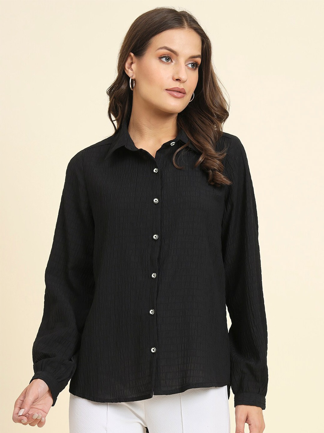 

HERE&NOW Spread Collar Opaque Casual Shirt, Black