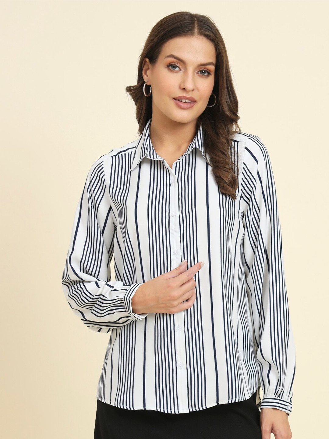 

HERE&NOW Vertical Stripes Opaque Casual Shirt, White