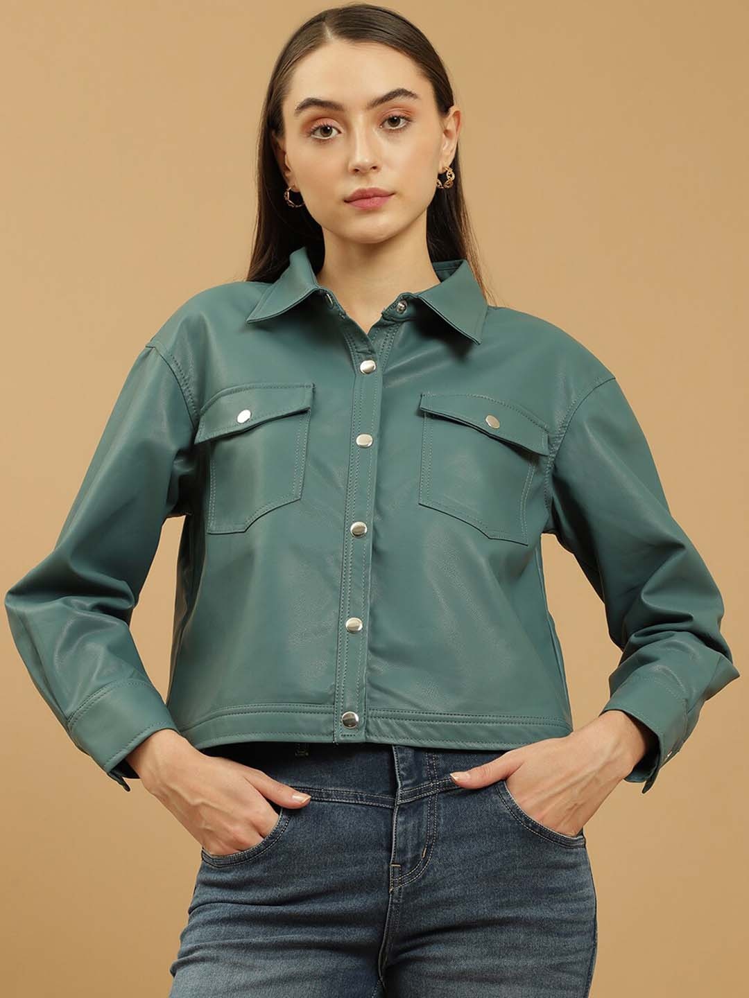 

Beatnik Spread Collar Leather Crop Jacket, Teal