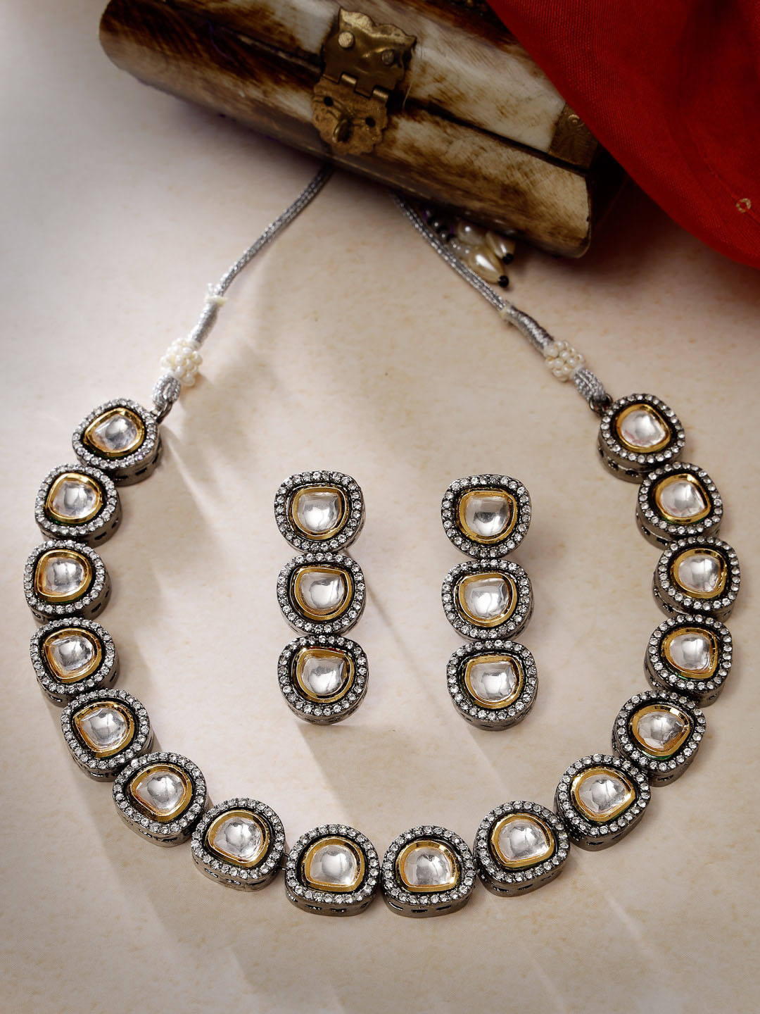 

ADIVA Rhodium Plated Dual Tone Kundan & CZ Stone Studded Jewellery Set, Silver