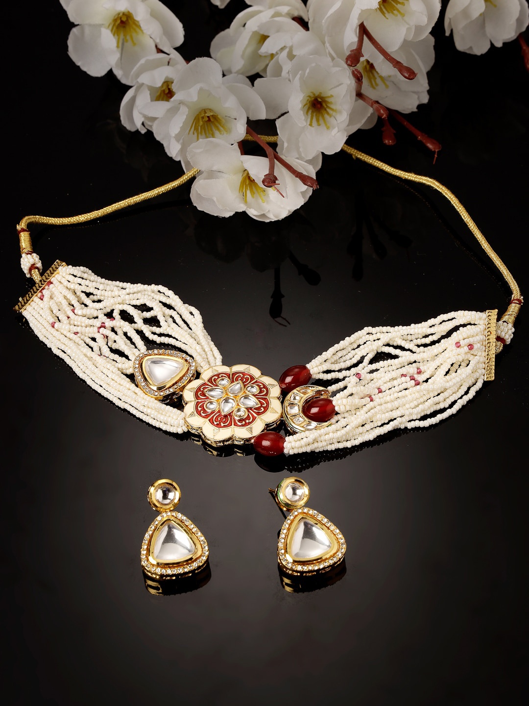 

ADIVA Gold-Plated Kundan Stone Studded & Beaded Meenakari Jewellery Set