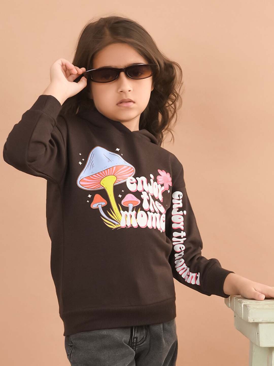 

LilPicks Girls Typography Printed Hooded Neck Long Sleeve Acrylic Pullover Sweatshirt, Brown