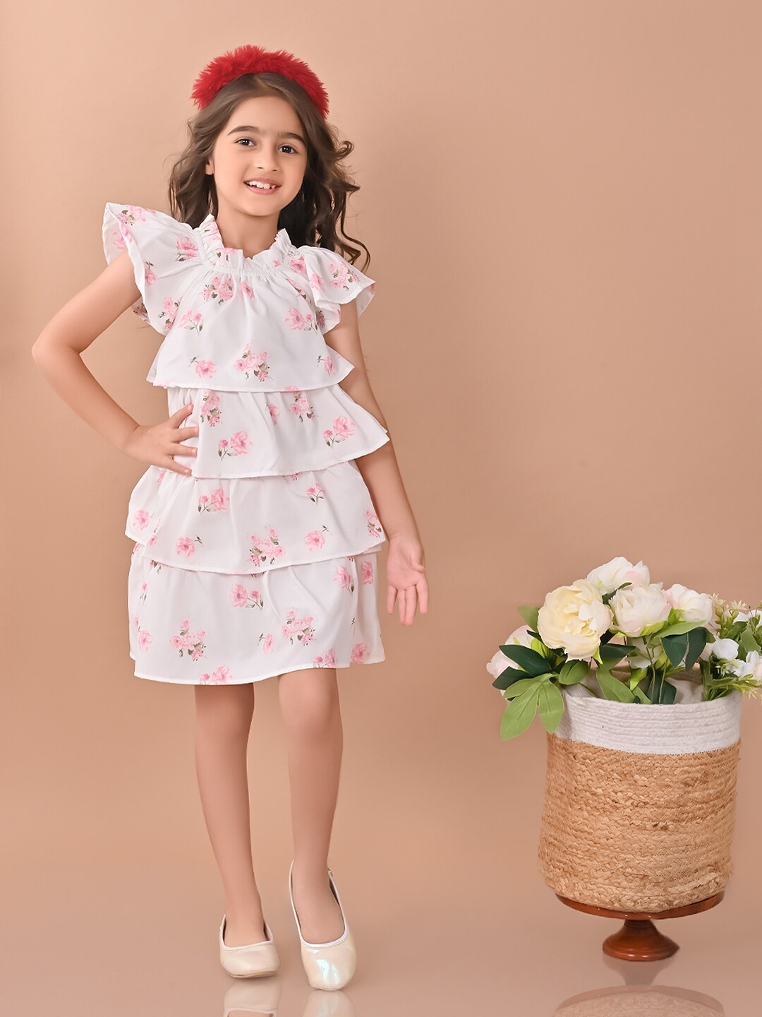 

LilPicks Girls Floral Printed Flutter Sleeves Layered Cotton A-Line Dress, White