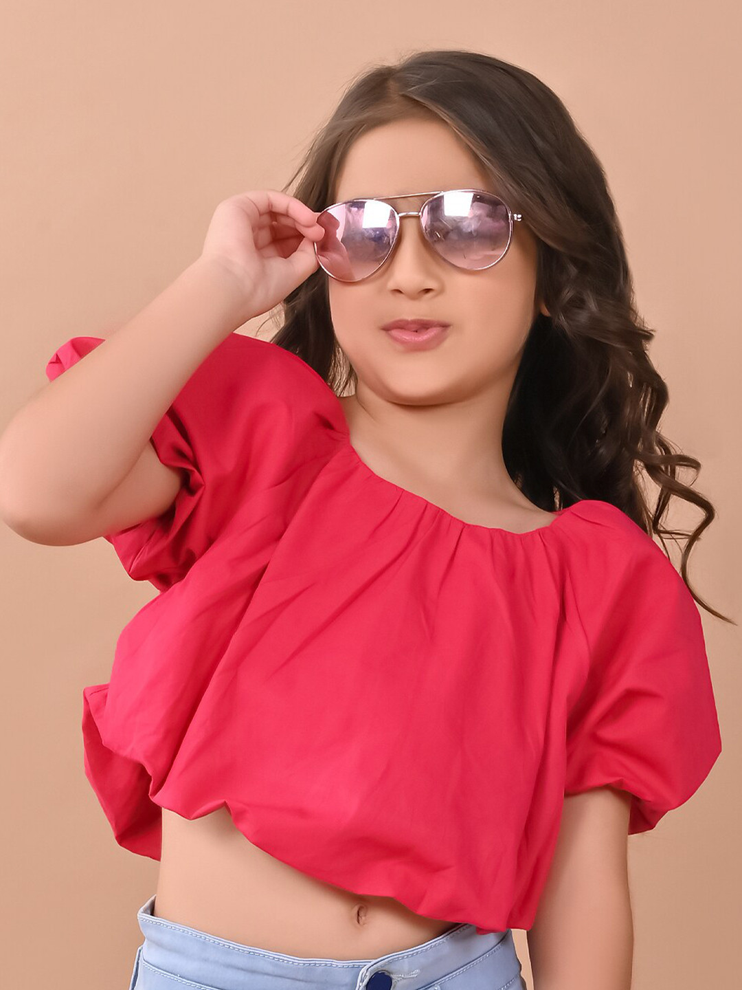 

LilPicks Puff Sleeve Cotton Blouson Top, Pink