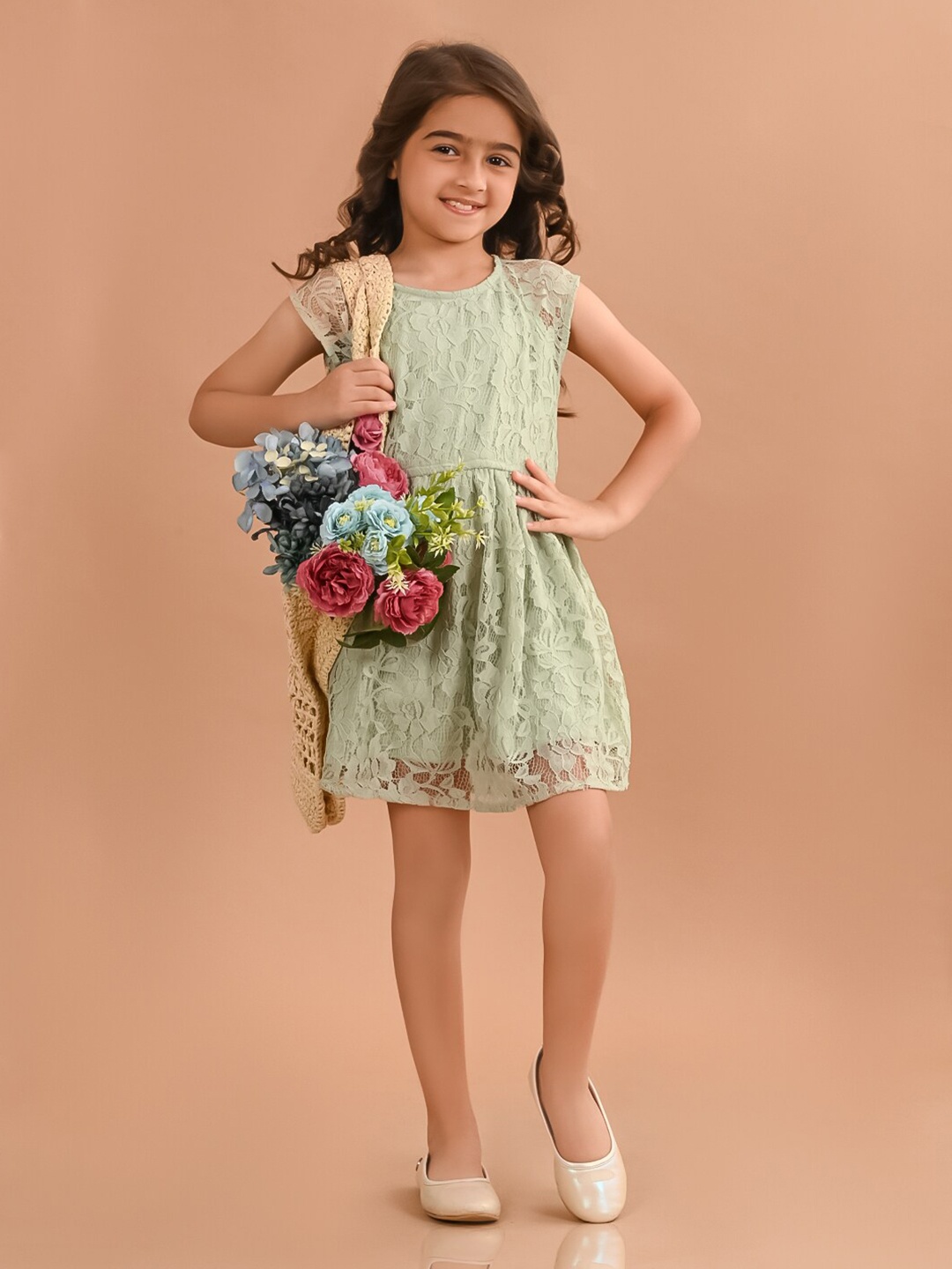 

LilPicks Girls Self Design A-Line Dress, Green