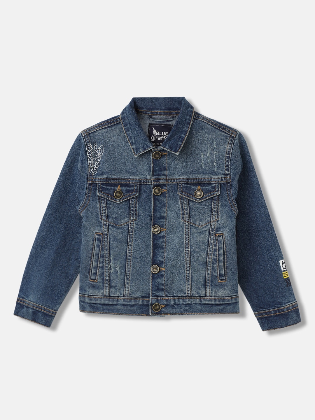 

Blue Giraffe Boys Blue Washed Crop Denim Jacket with Embroidered