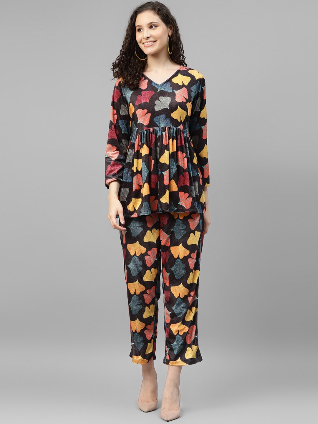 

DEEBACO Floral Printed Peplum Style Top & Trouser, Black