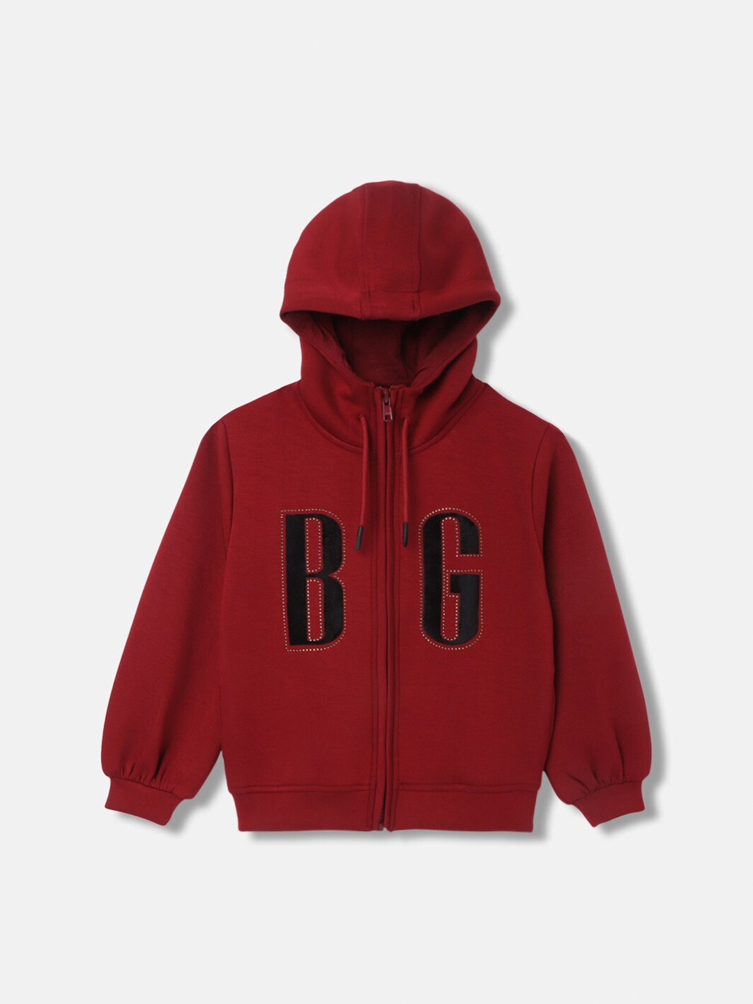 

Blue Giraffe Girls Alphanumeric Printed Hooded Front Open Sweatshirt, Red