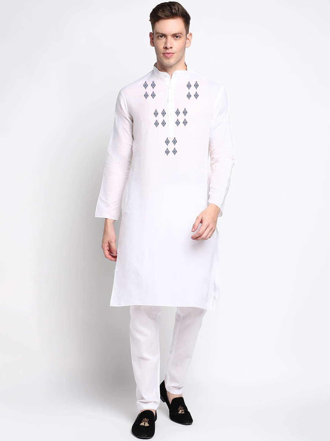 

DEVOILER Floral Printed Band Collar Long Sleeve Kurta, White