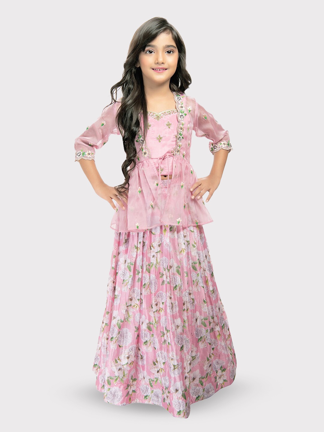 

Tiny Kingdom Girls Embroidered Thread Work Silk Ready to Wear Lehenga & Blouse & Jacket, Pink