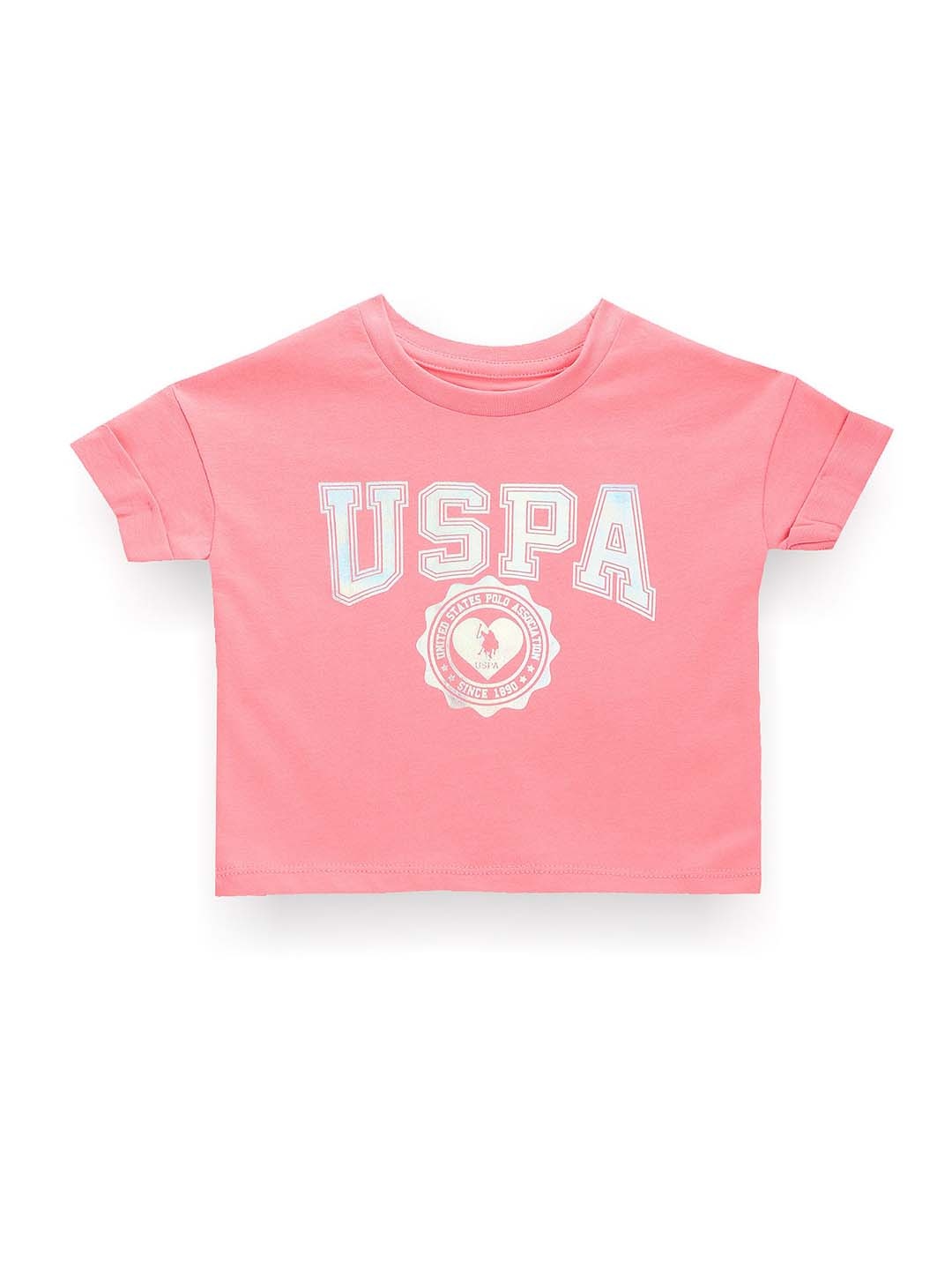 

U.S. Polo Assn. Kids Girls Brand Logo Printed Pure Cotton T-shirt, Pink