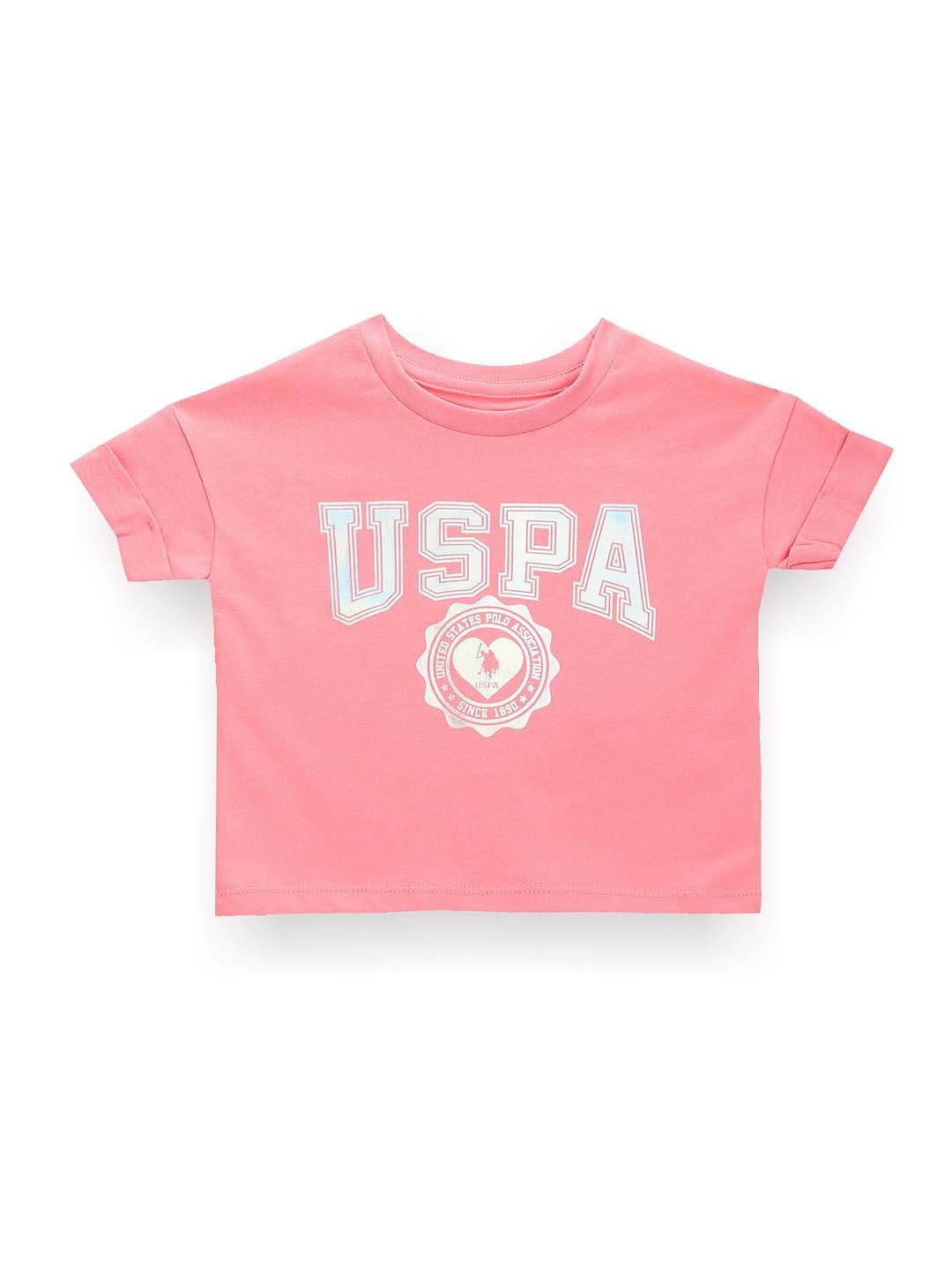 

U.S. Polo Assn. Kids Girls Brand Logo Printed Pure Cotton T-shirt, Pink