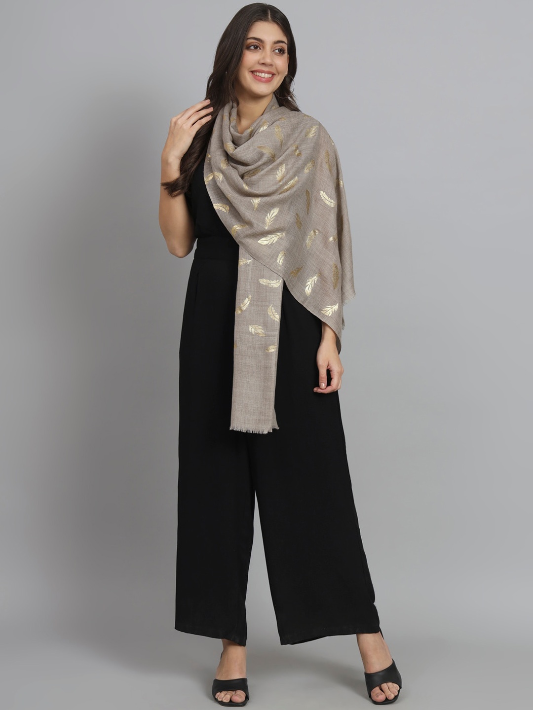 

MODARTA Botanical Woven-Design Wool Shawl, Tan