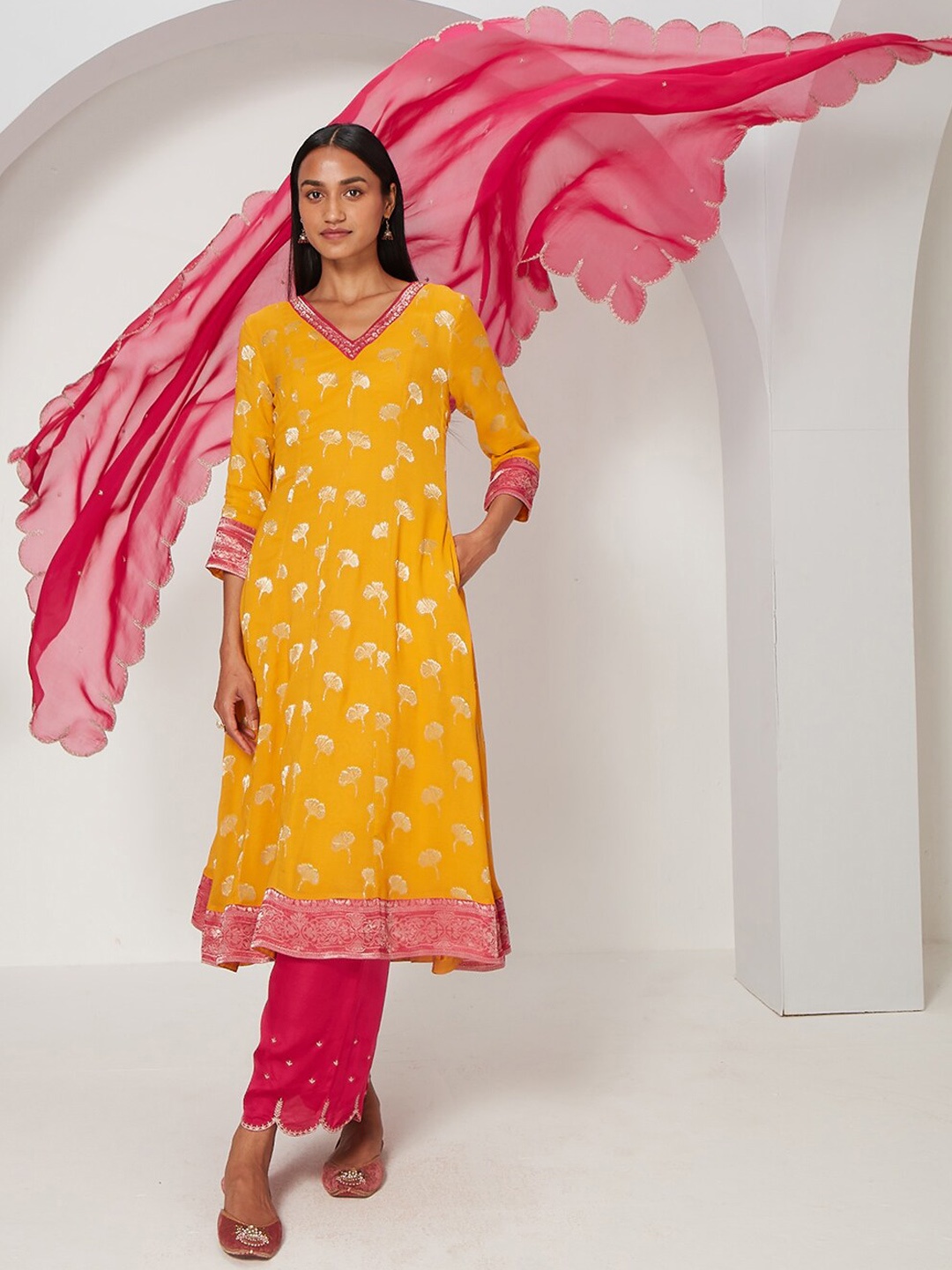 

Ancestry Floral Woven Design Thread Work Anarakali Georgette Kurta, Yellow