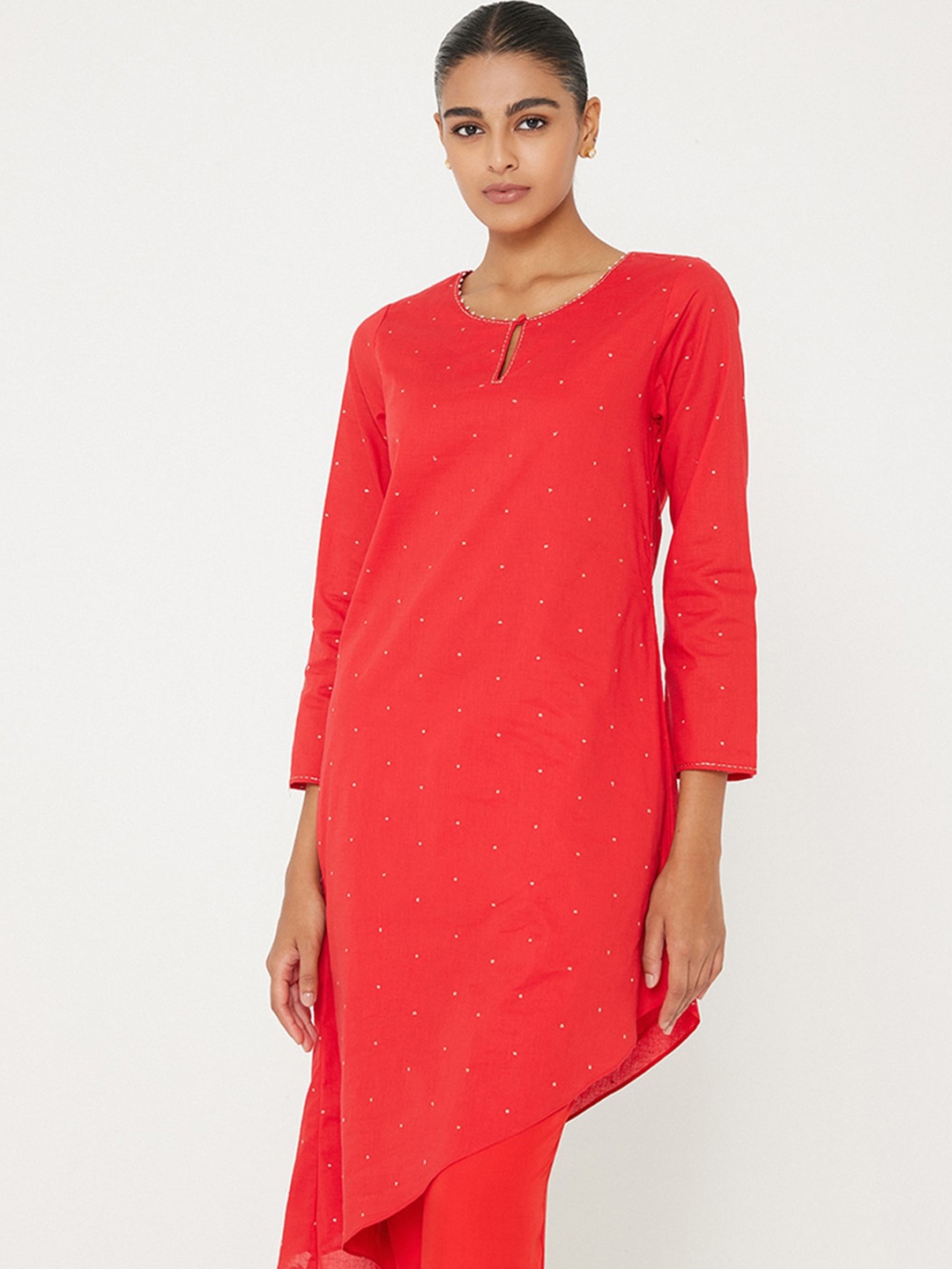 

Ancestry Embroidered Key Hole Neck Asymmetric Hem Beads Detailed A-Line Kurta, Red