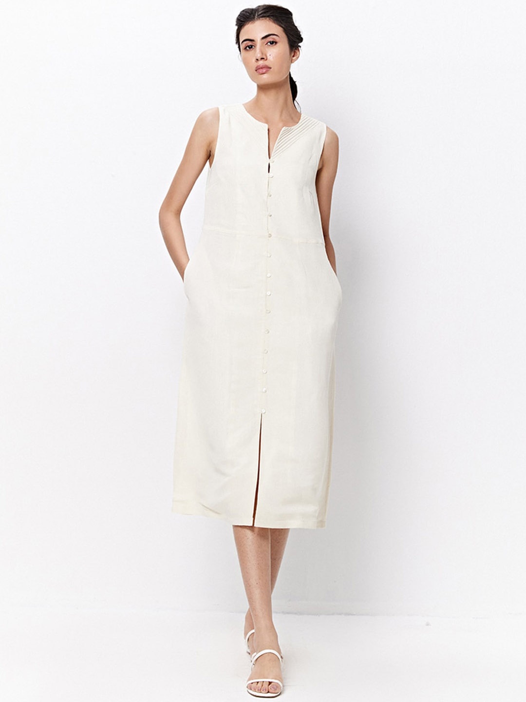 

Ancestry Round Neck Linen A-Line Dress, Off white