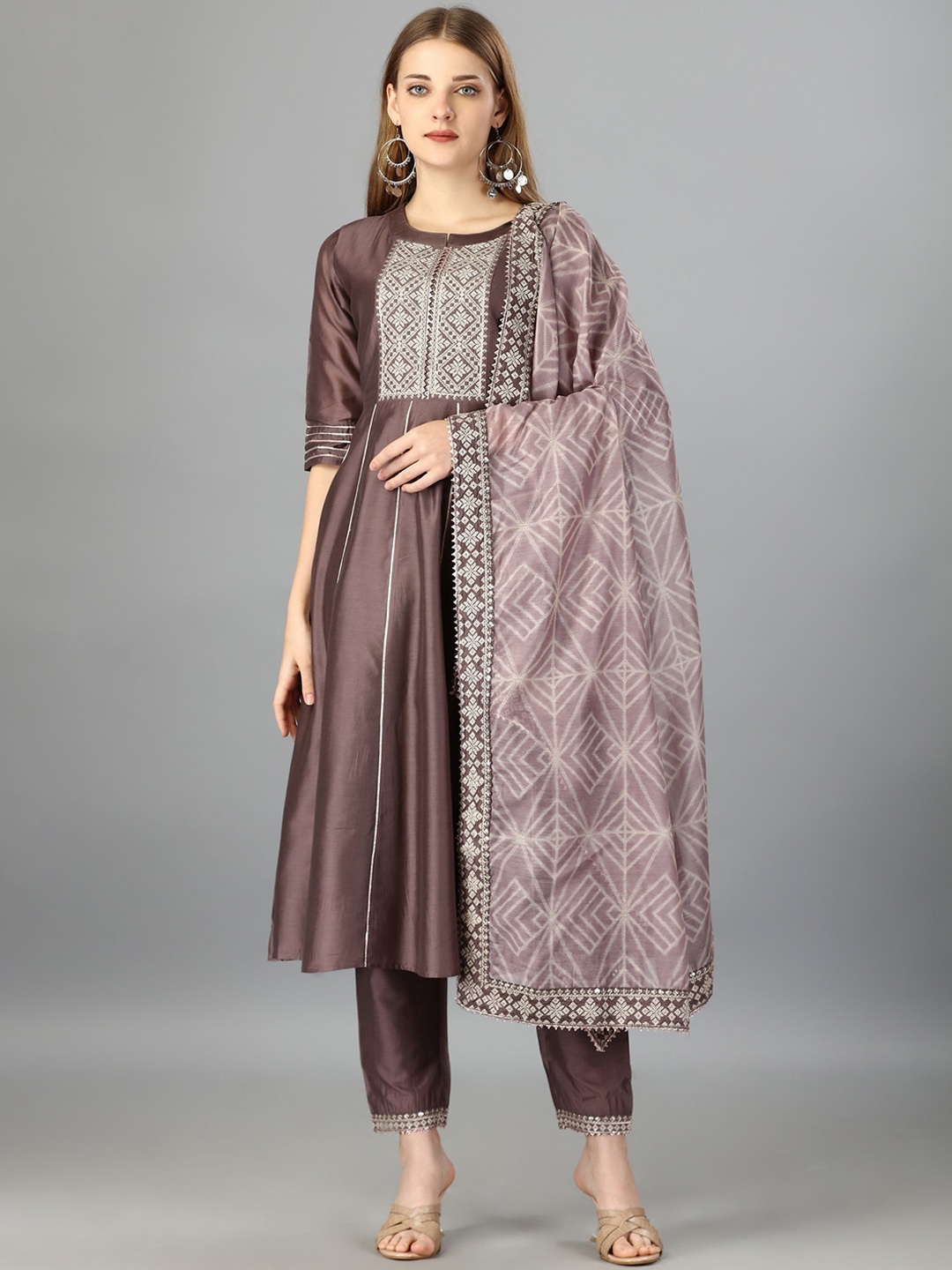 

Ekta Textiles Ethnic Motifs Yoke Design Gotta Patti Kurta with Churidar & Dupatta, Coffee brown